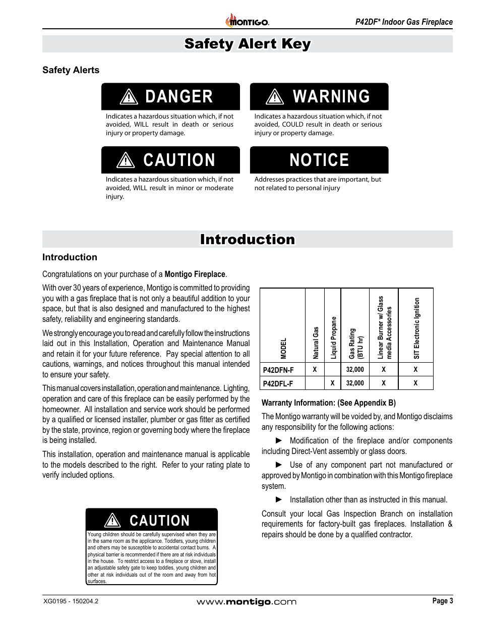 Safety alerts, Introduction, Danger warning caution notice | Caution, Safety alert key introduction | Montigo P42DF User Manual | Page 3 / 34