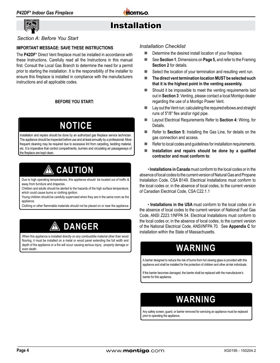 Section a: before you start, Installation checklist, Notice | Caution, Danger, Warning, Installation | Montigo P42DF User Manual | Page 4 / 34