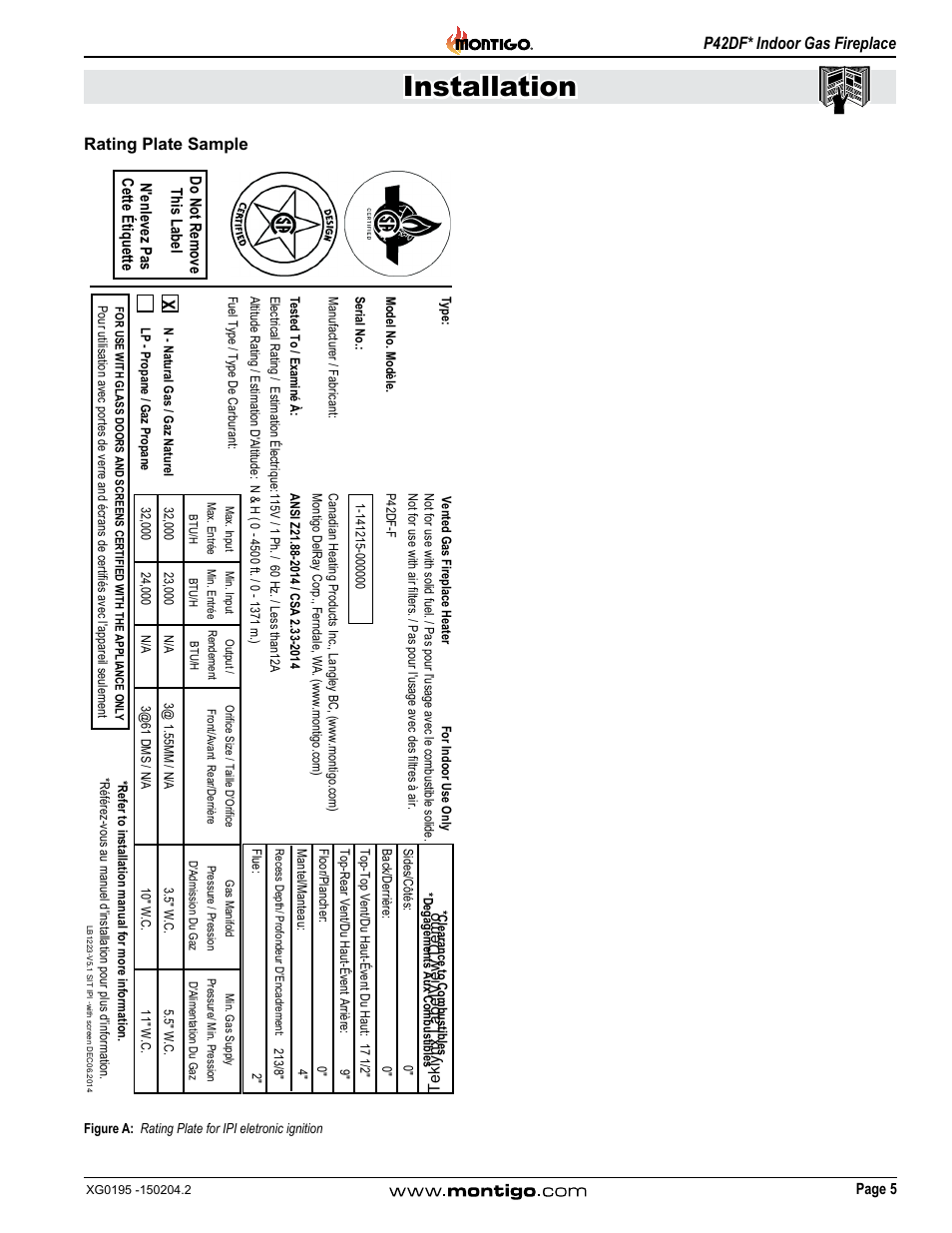 Rating plate sample, Installation, P42df* indoor gas fireplace | Montigo P42DF User Manual | Page 5 / 34