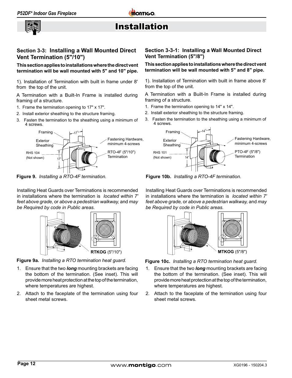 Section 3-3, Installing a wall mounted direct vent, Termination (5"/10") | Installation | Montigo P52DF User Manual | Page 12 / 34