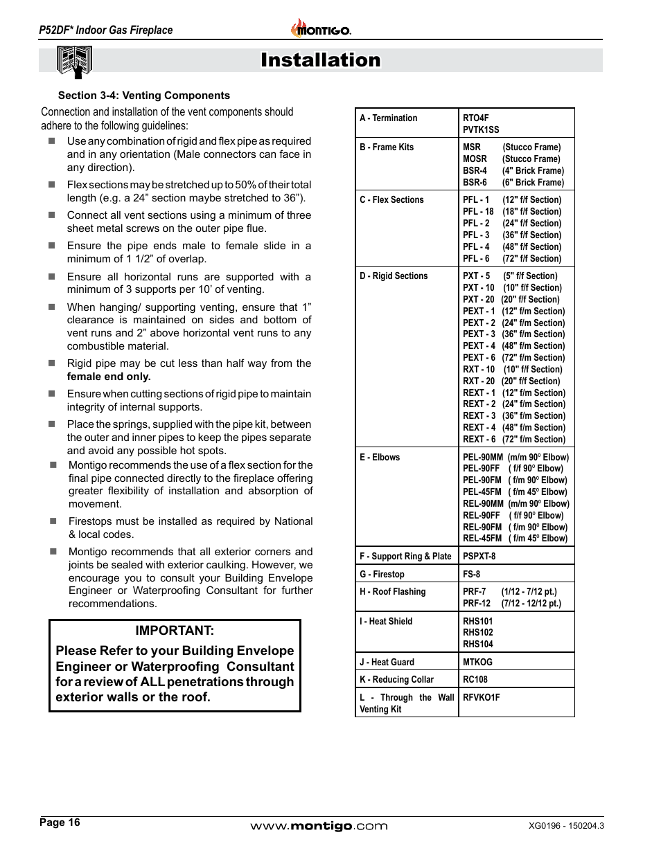 Section 3-4: venting components, Installation | Montigo P52DF User Manual | Page 16 / 34