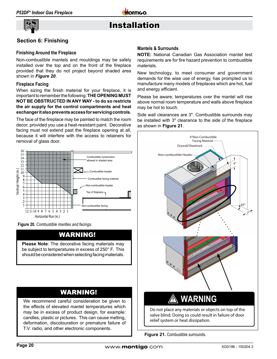 Section 6: finishing, Warning, Installation | Montigo P52DF User Manual | Page 20 / 34
