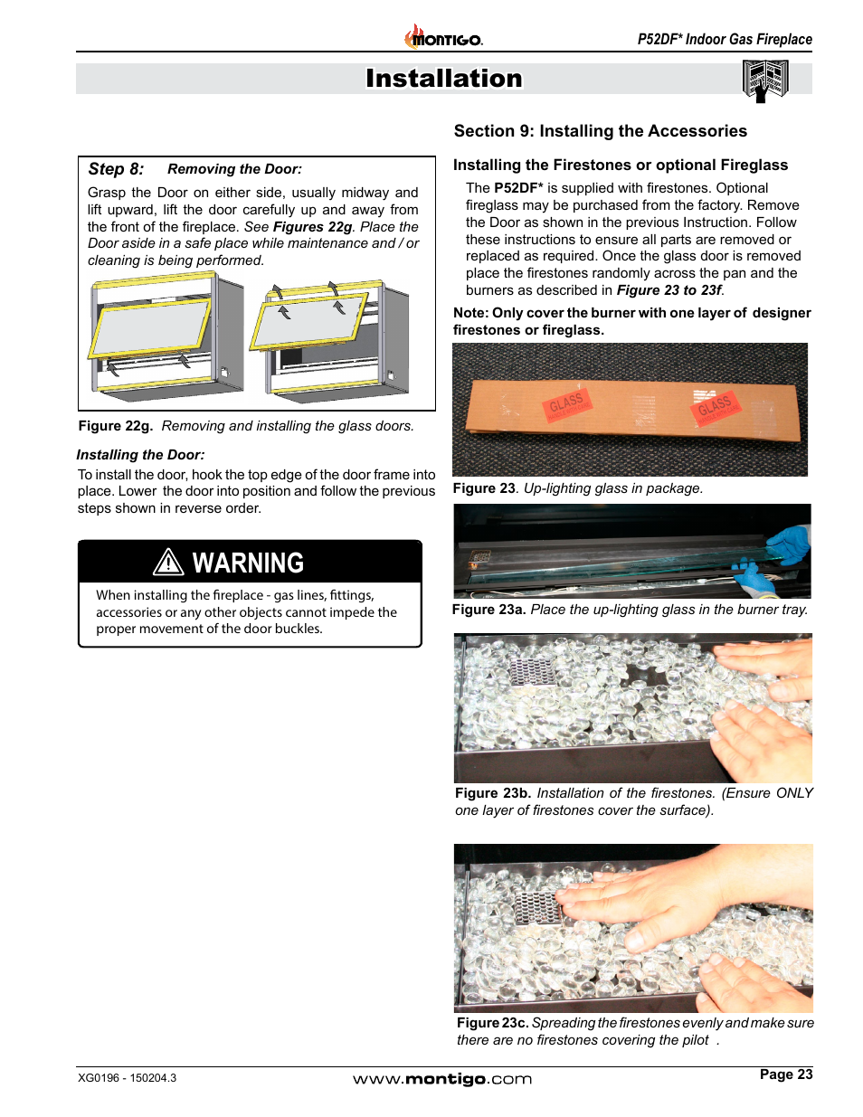 Section 9: installing the accessories, Installing the firestones or optional fireglass, Warning | Installation | Montigo P52DF User Manual | Page 23 / 34