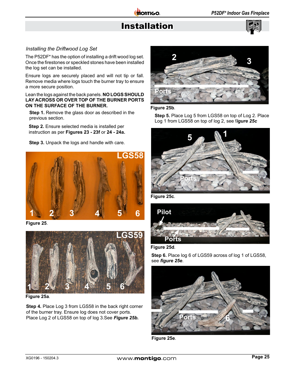 Installing the driftwood log set, Installation | Montigo P52DF User Manual | Page 25 / 34