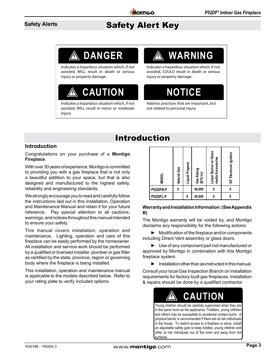 Safety alerts, Introduction, Danger warning caution notice | Caution, Safety alert key introduction | Montigo P52DF User Manual | Page 3 / 34