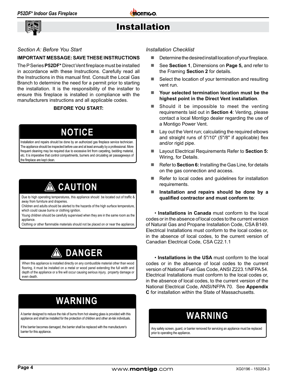 Section a: before you start, Installation checklist, Caution | Danger, Notice warning, Warning, Installation | Montigo P52DF User Manual | Page 4 / 34