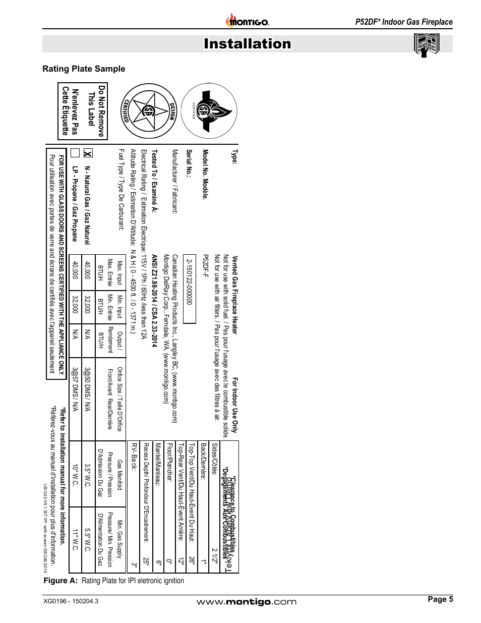 Rating plate sample, Installation, P52df* indoor gas fireplace | Montigo P52DF User Manual | Page 5 / 34