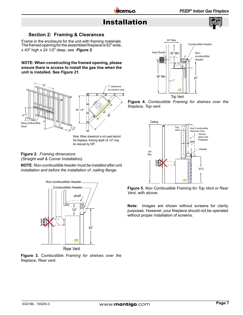 Section 2: framing & clearances, Installation, P52df* indoor gas fireplace | Rear vent | Montigo P52DF User Manual | Page 7 / 34