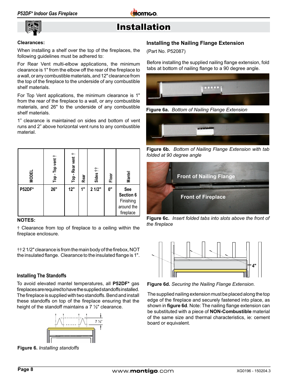 Clearances, Installation | Montigo P52DF User Manual | Page 8 / 34