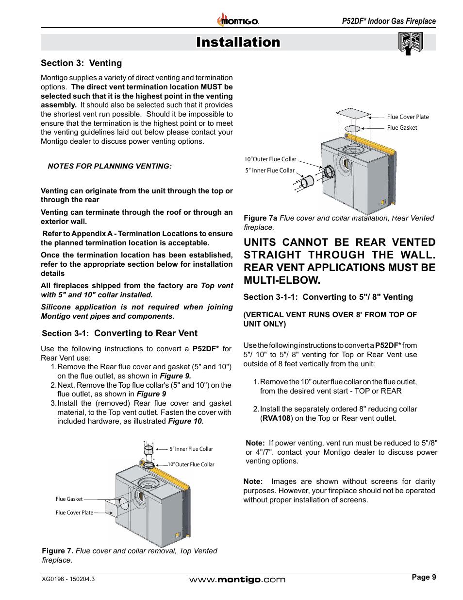Section 3: venting, Section 3-1: converting to rear vent, Section 3-1-1: converting to 5"/ 8" venting | Section 3-1, Converting to rear vent, Installation | Montigo P52DF User Manual | Page 9 / 34