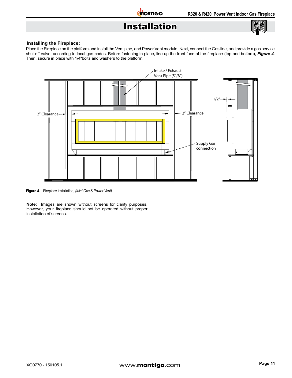 Installing the fireplace, Installation | Montigo R320 User Manual | Page 11 / 44