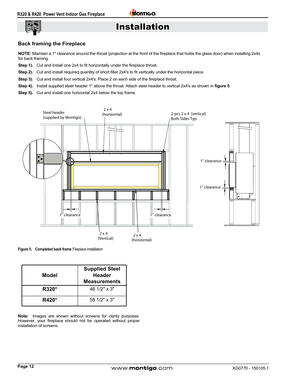 Back framing the fireplace, Installation | Montigo R320 User Manual | Page 12 / 44