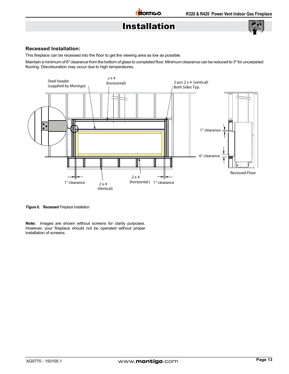 Recessed installation, Installation, Picture of non combustible header | Montigo R320 User Manual | Page 13 / 44