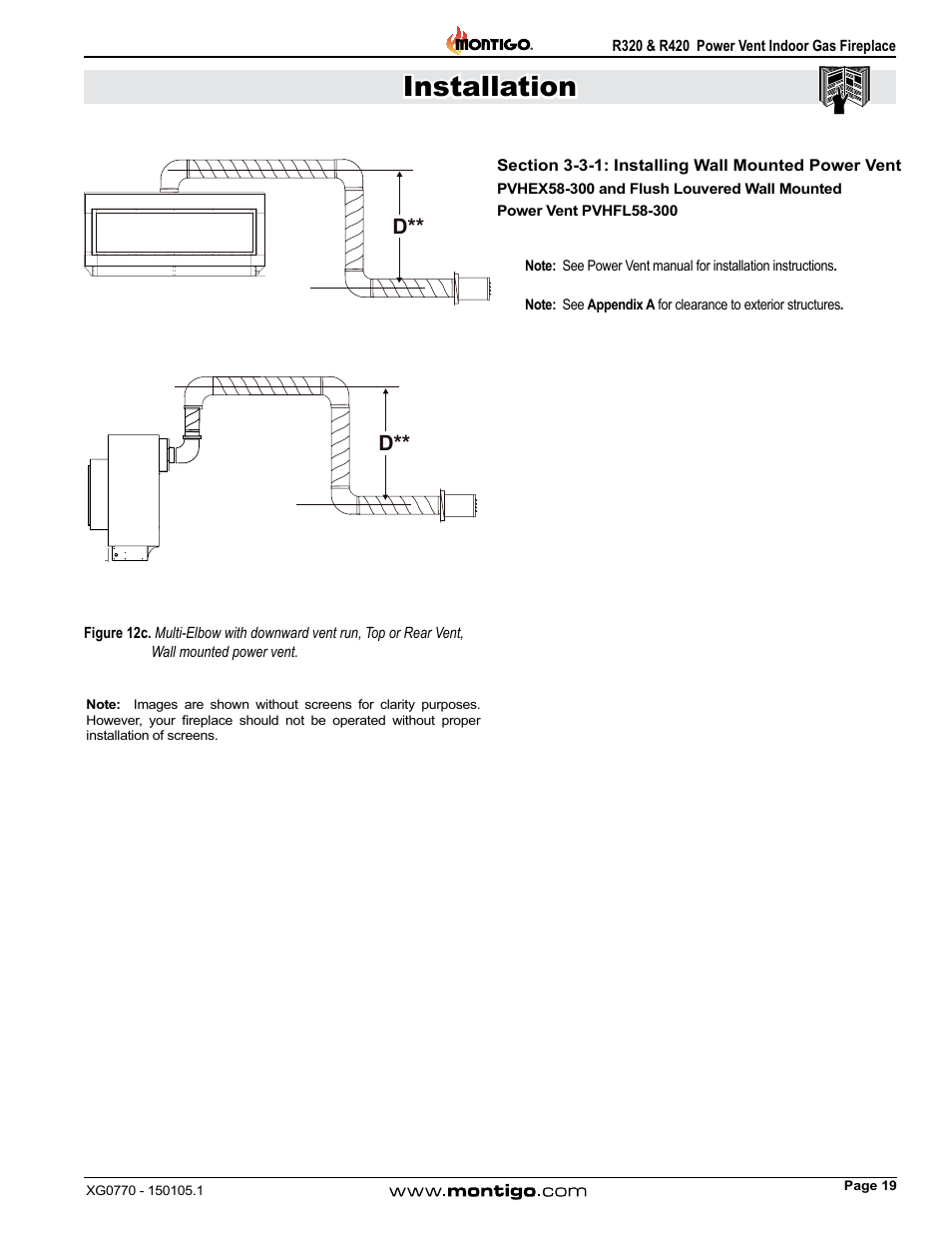 Section 3-3-1: installing wall mounted power vent, Installation | Montigo R320 User Manual | Page 19 / 44