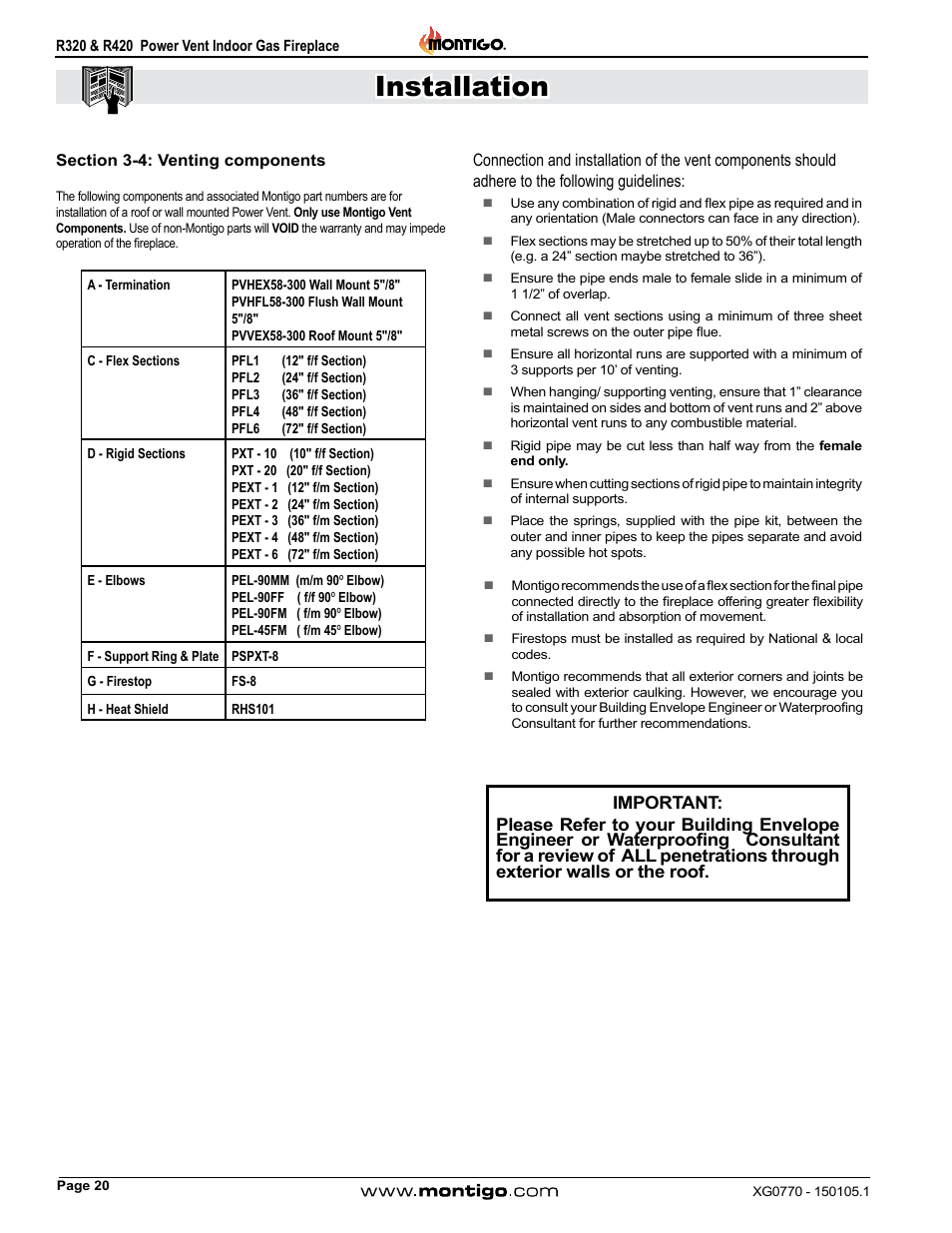 Section 3-4: venting components, Installation | Montigo R320 User Manual | Page 20 / 44