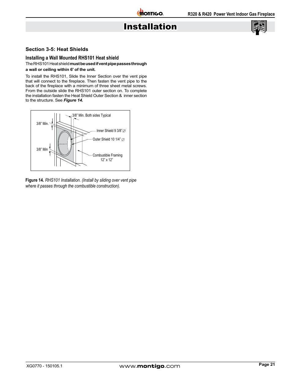 Section 3-5: heat shields, Installation | Montigo R320 User Manual | Page 21 / 44