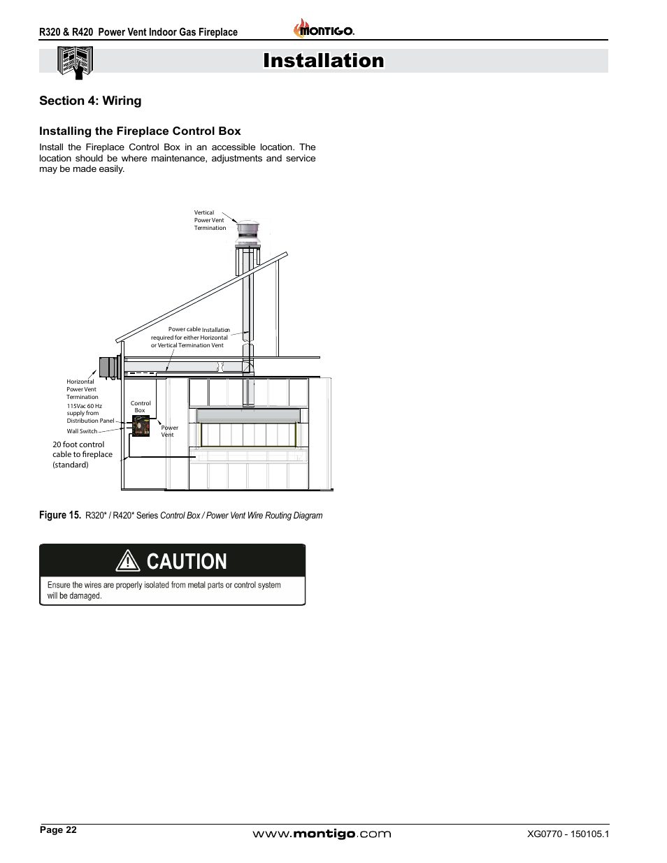 Section 4: wiring, Installing the fireplace control box, Installation | Figure 15 | Montigo R320 User Manual | Page 22 / 44