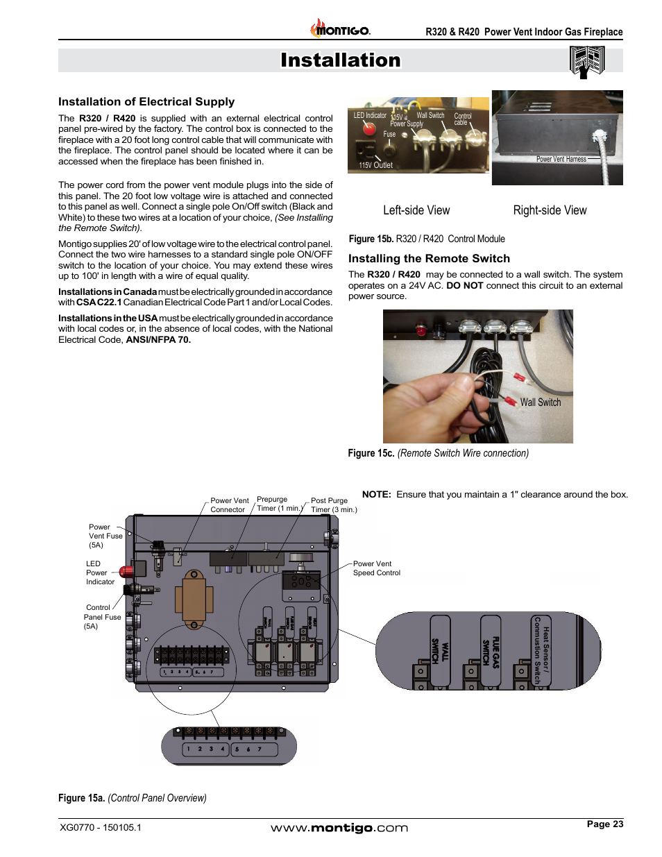 Installation of electrical supply, Installing the remote switch, Installation | Left-side view right-side view | Montigo R320 User Manual | Page 23 / 44
