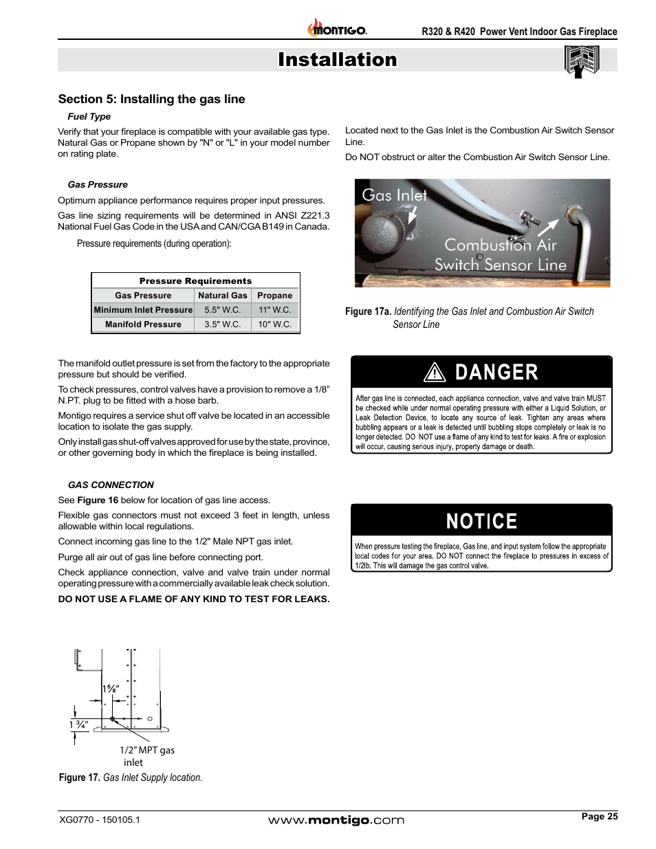 Section 5: installing the gas line, Installation | Montigo R320 User Manual | Page 25 / 44