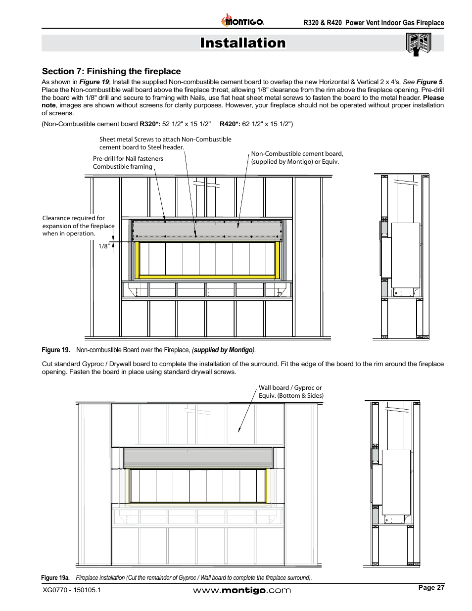 Section 7: finishing the fireplace, Installation | Montigo R320 User Manual | Page 27 / 44