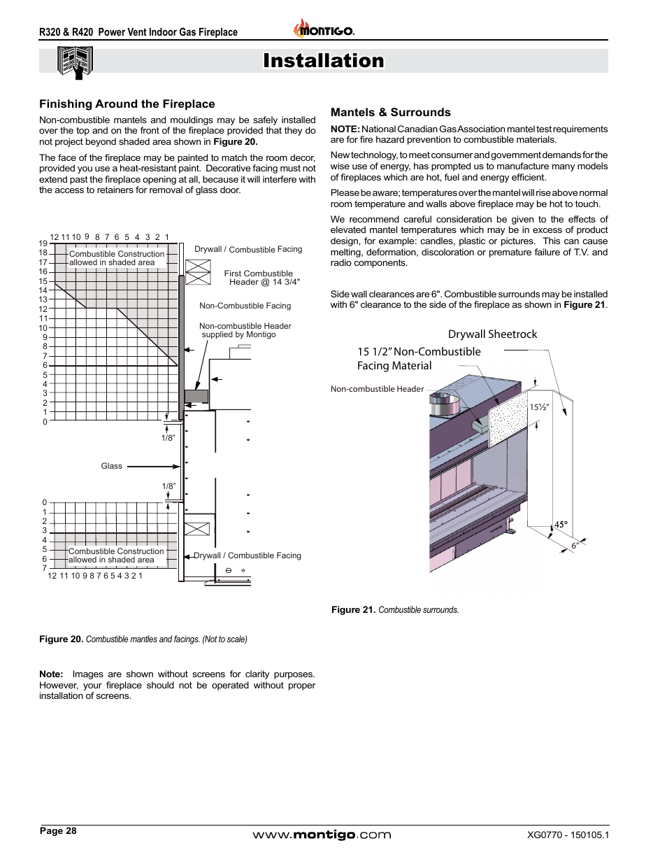 Finishing around the fireplace, Mantels & surrounds, Installation | Montigo R320 User Manual | Page 28 / 44