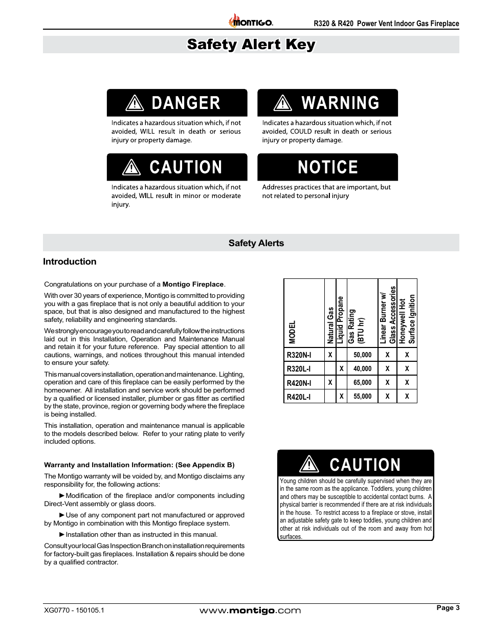 Introduction, Safety alerts, Caution | Safety alert key | Montigo R320 User Manual | Page 3 / 44