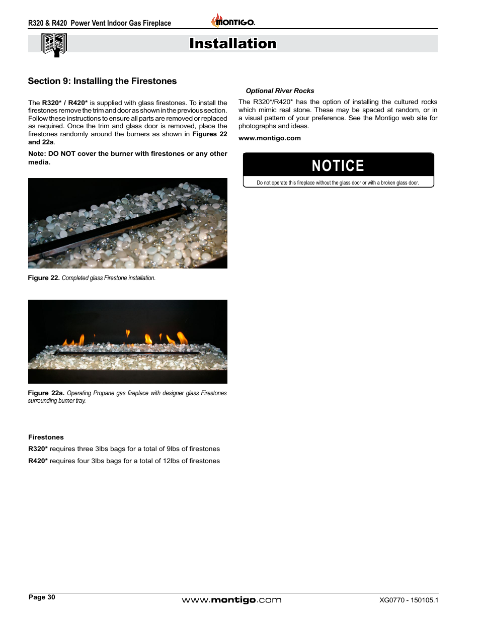 Section 9: installing the firestones, Notice, Installation | Montigo R320 User Manual | Page 30 / 44