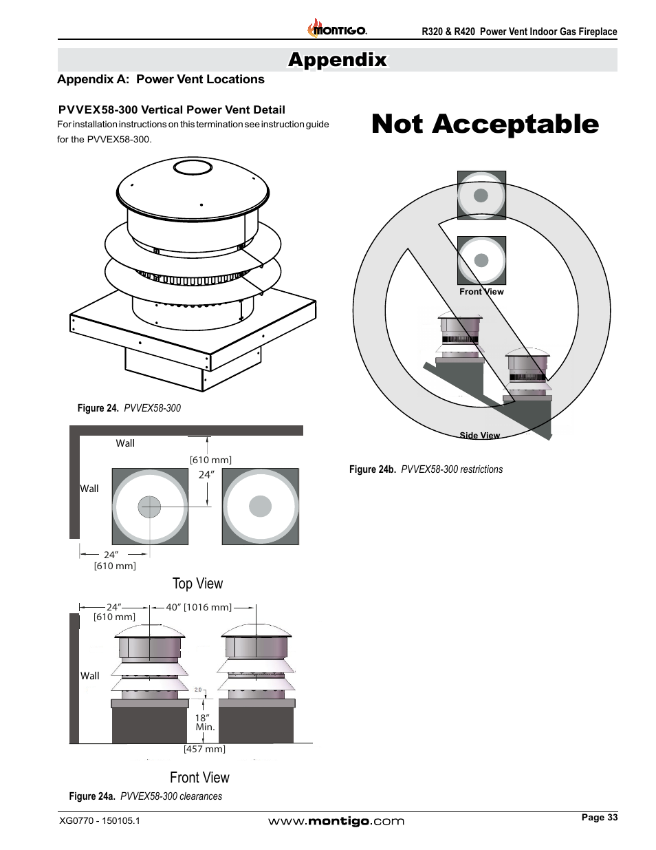 Appendix a: power vent locations, Pvvex58-300 vertical power vent detail, Not acceptable | Appendix, Front view top view | Montigo R320 User Manual | Page 33 / 44