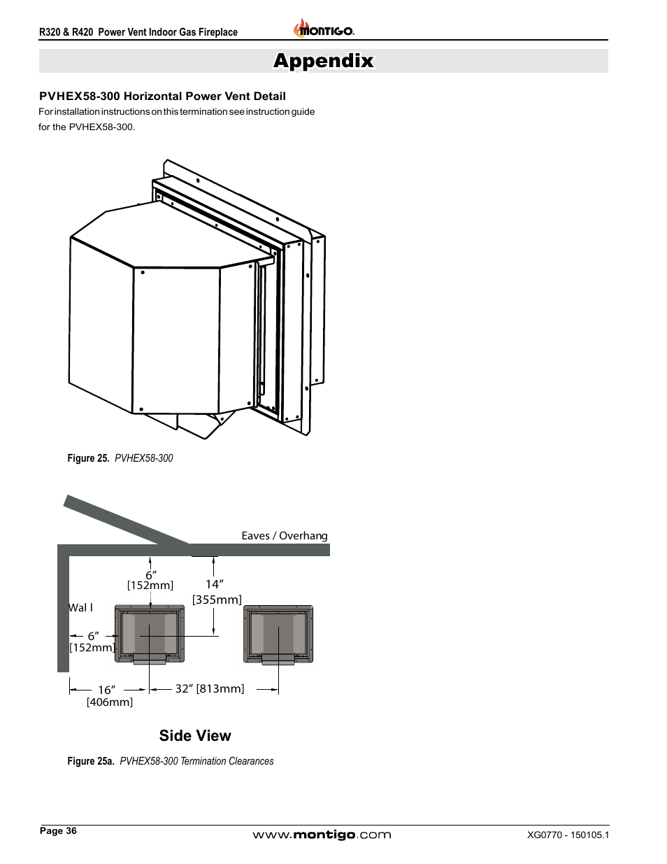 Pvhex58-300 horizontal power vent detail, Appendix, Side view | Montigo R320 User Manual | Page 36 / 44