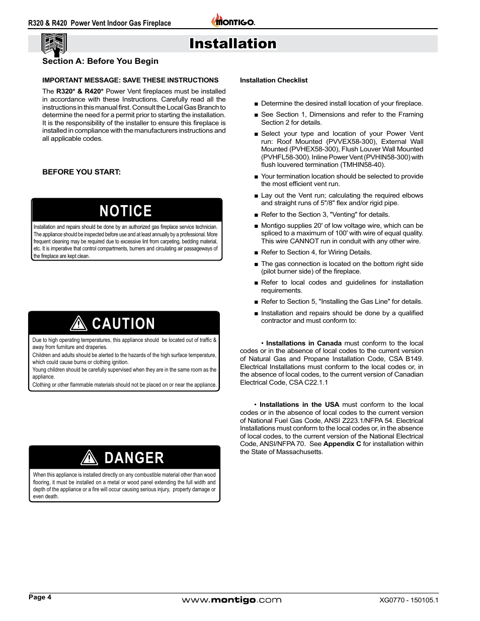 Section a: before you begin, Notice, Caution | Danger, Installation | Montigo R320 User Manual | Page 4 / 44