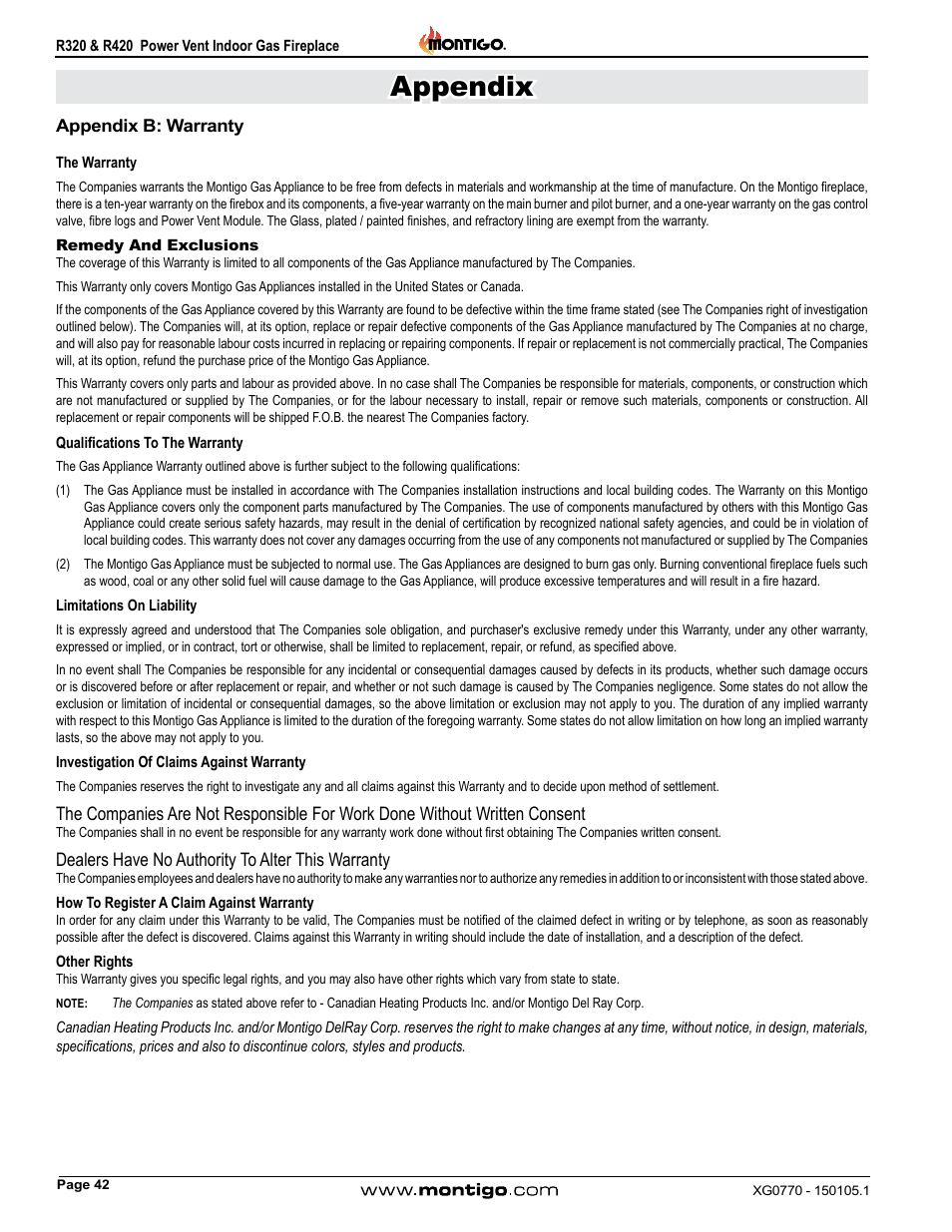 Appendix b: warranty, Appendix | Montigo R320 User Manual | Page 42 / 44