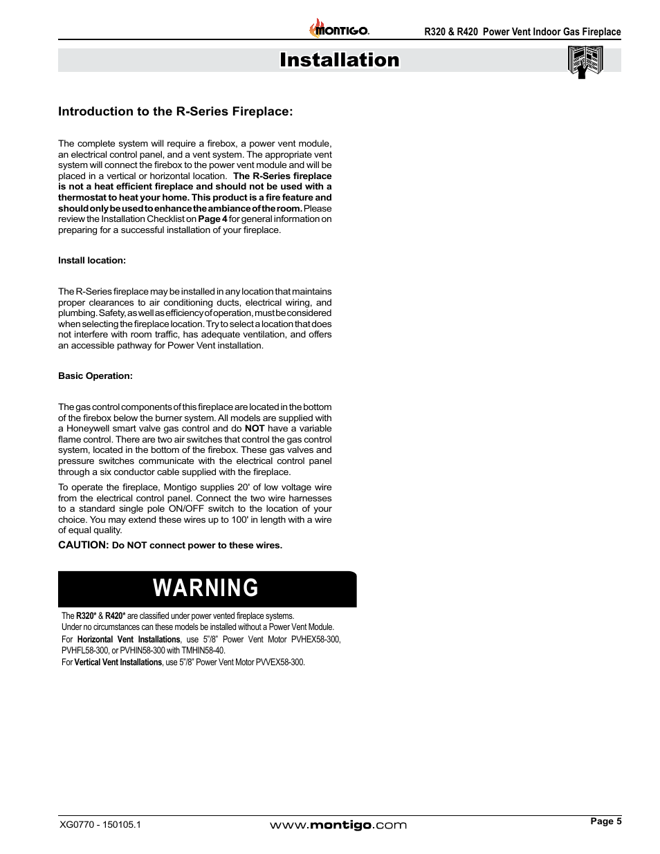 Introduction to the r-series fireplace, Warning, Installation | Montigo R320 User Manual | Page 5 / 44