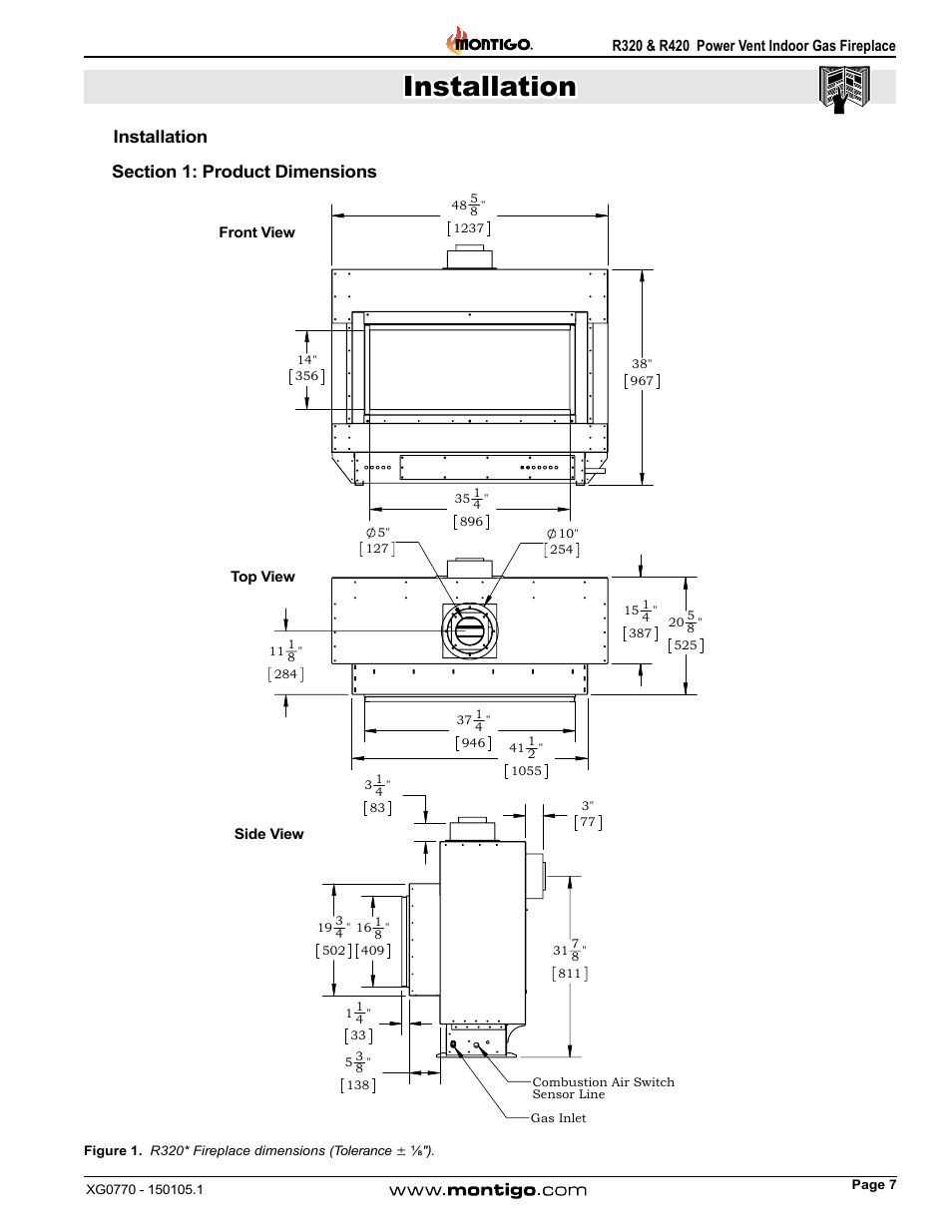 Installation, Section 1: product dimensions | Montigo R320 User Manual | Page 7 / 44