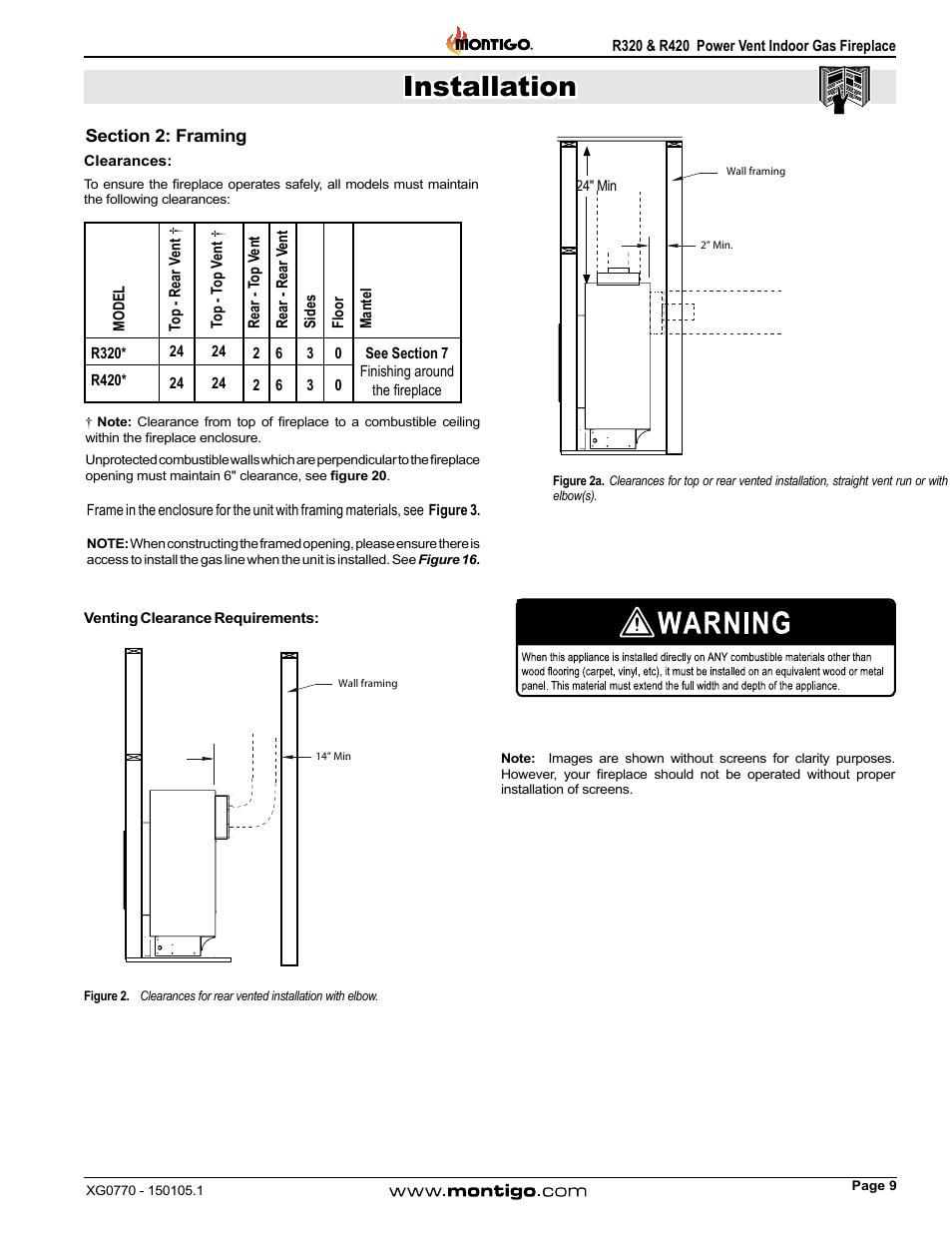 Section 2: framing, Clearances, Installation | Montigo R320 User Manual | Page 9 / 44