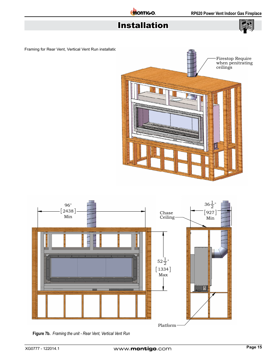 Chase constuction rear vent with vertical vent, Installation | Montigo RP620 User Manual | Page 15 / 48