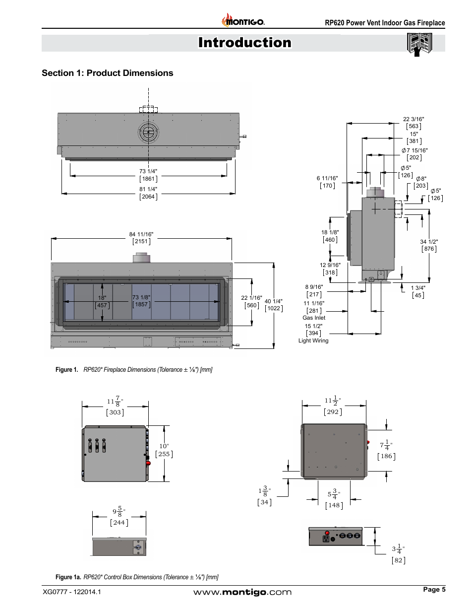 Section 1: product dimensions, Installation introduction, Rp620 power vent indoor gas fireplace | Montigo RP620 User Manual | Page 5 / 48