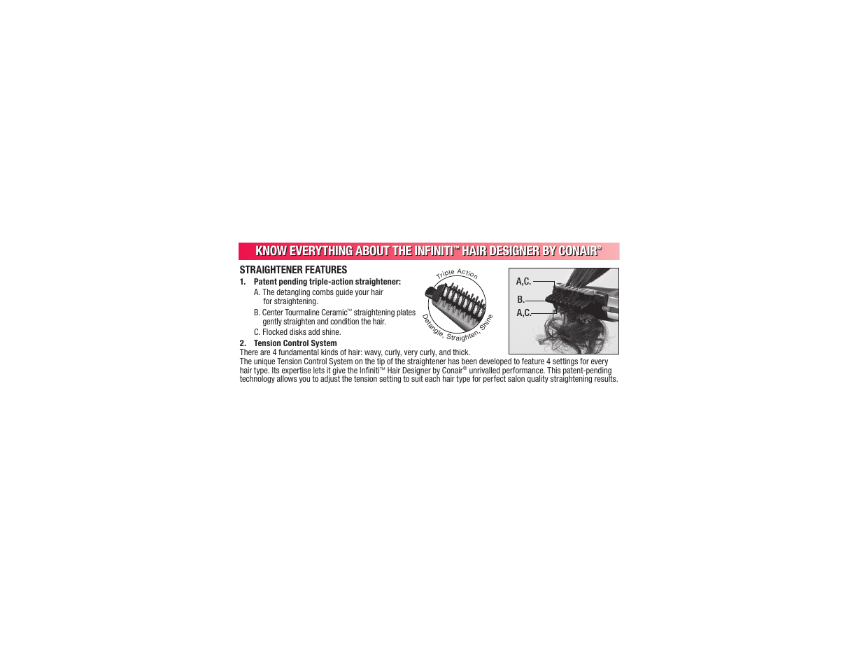 Know everything about the infiniti, Hair designer by conair, Straightener features | Conair BC173 User Manual | Page 11 / 47