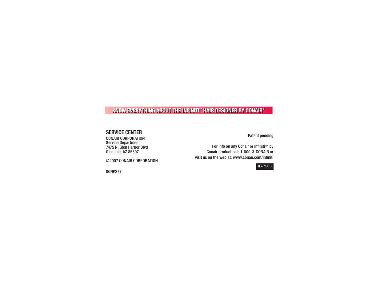 Know everything about the infiniti, Hair designer by conair, Service center | Conair BC173 User Manual | Page 23 / 47