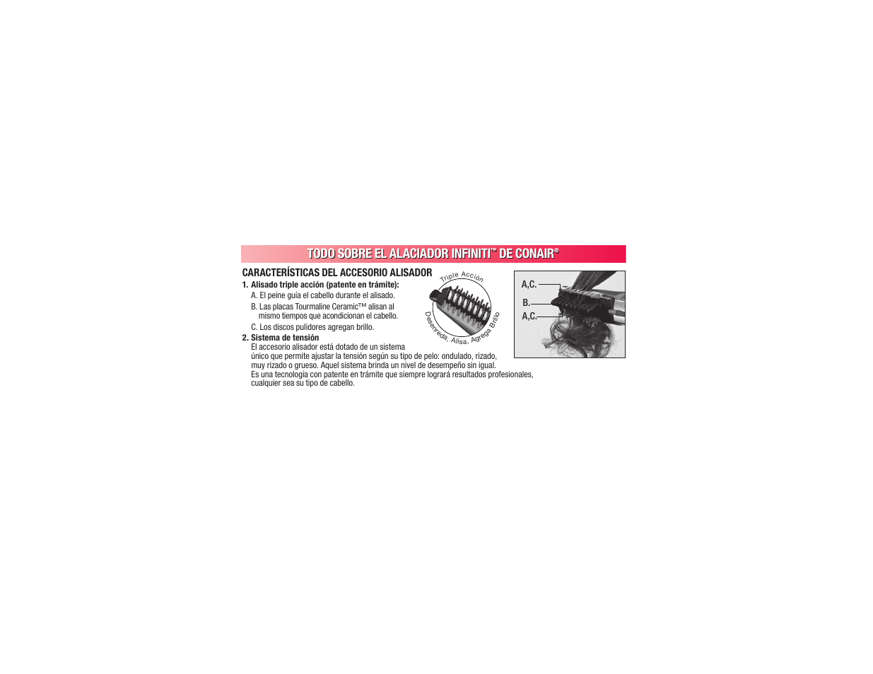 Todo sobre el alaciador infiniti, De conair, Características del accesorio alisador | Conair BC173 User Manual | Page 35 / 47