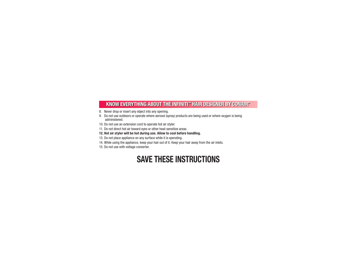 Save these instructions | Conair BC173 User Manual | Page 4 / 47