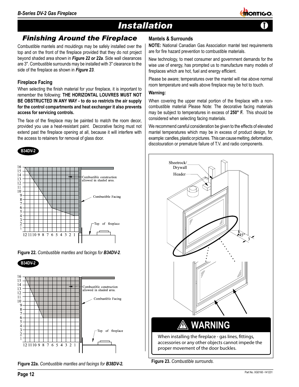 Warning, Installation, Finishing around the fireplace | Wiring | Montigo B34DV User Manual | Page 12 / 26