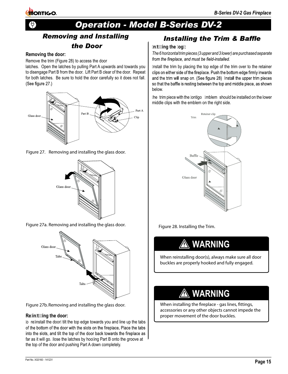 Warning, Operation - model b-series dv-2, Removing and installing the door | Montigo B34DV User Manual | Page 15 / 26