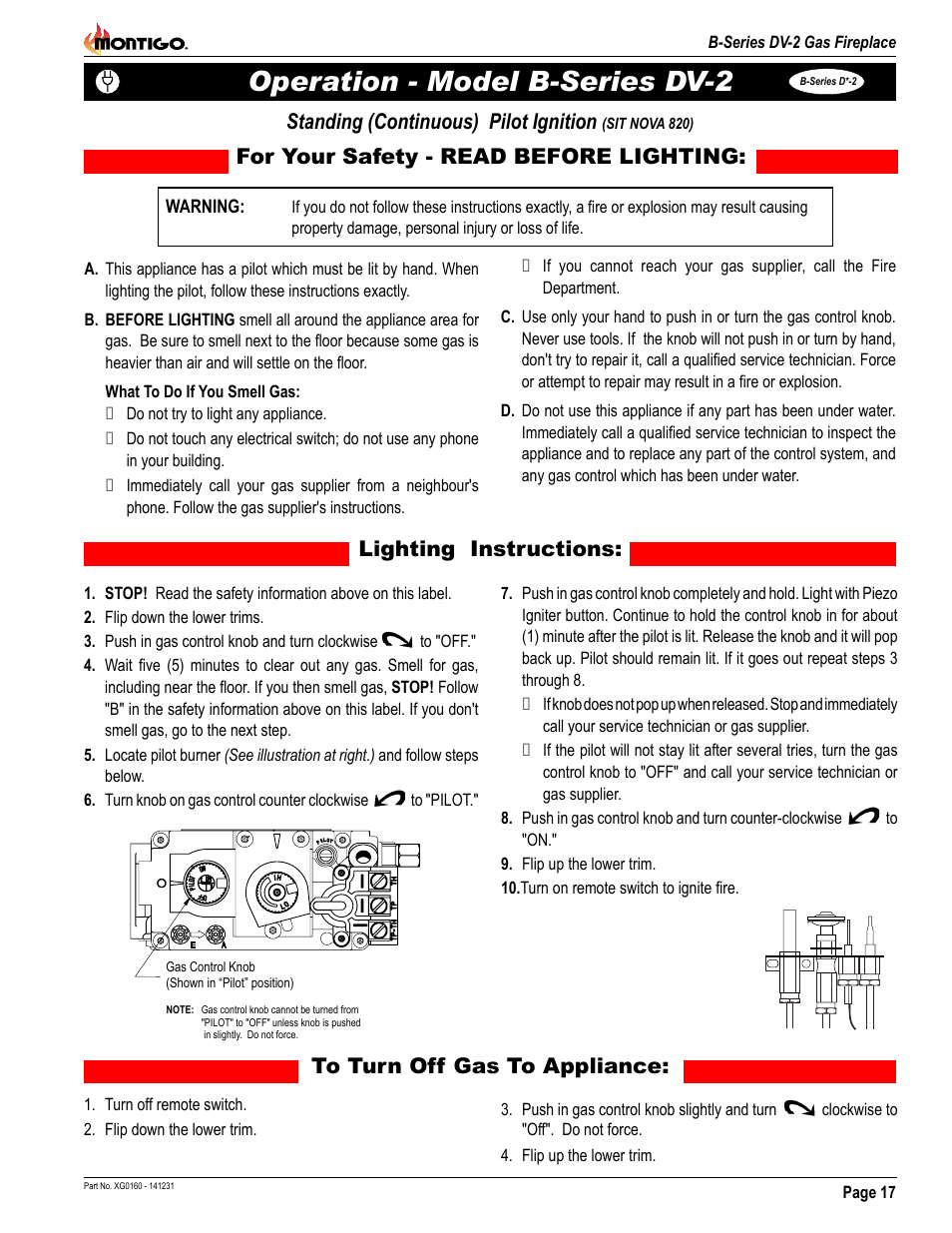 Operation - model b-series dv-2, For your safety - read before lighting | Montigo B34DV User Manual | Page 17 / 26