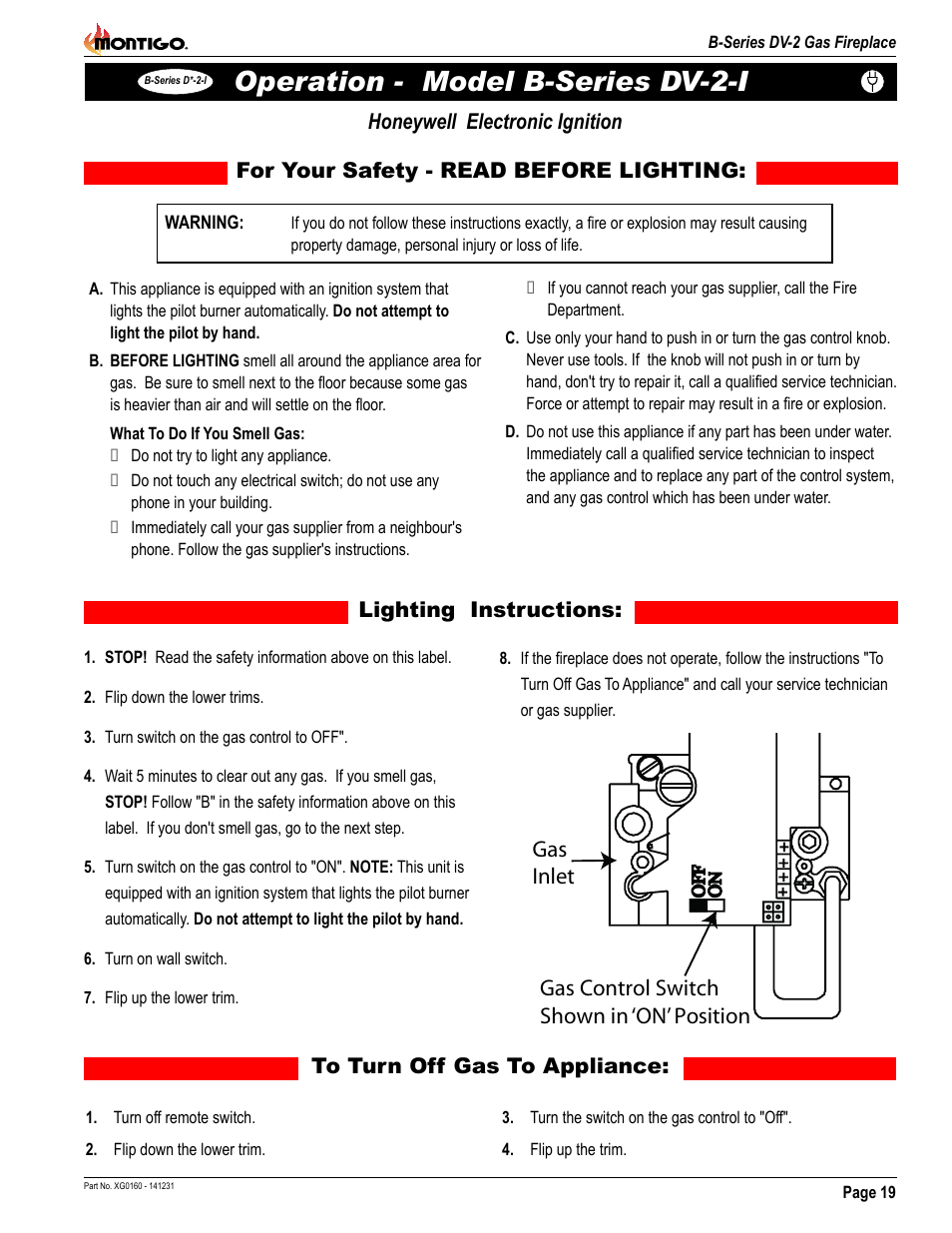 Operation - model b-series dv-2-i, Honeywell electronic ignition | Montigo B34DV User Manual | Page 19 / 26
