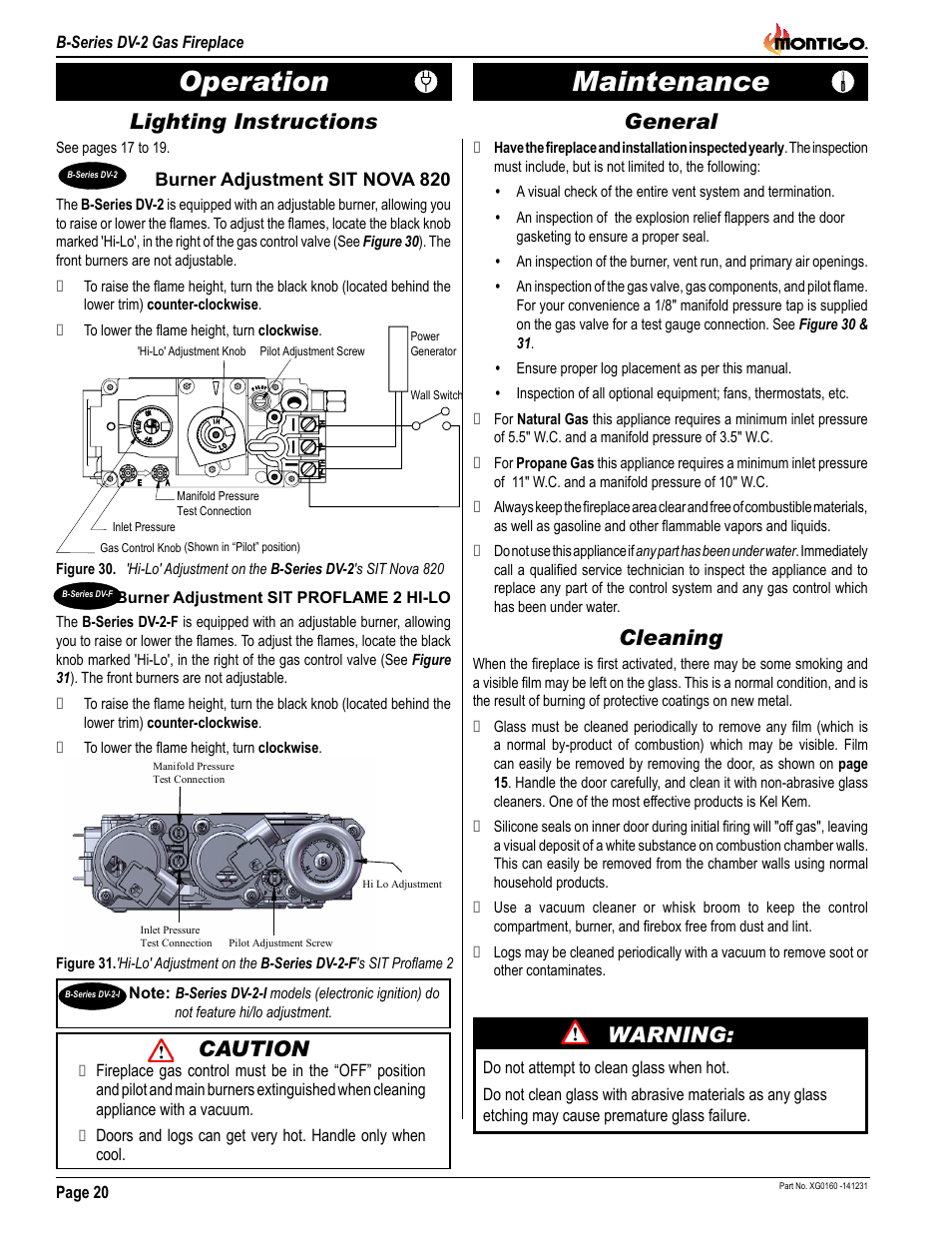 Maintenance, Operation, Warning | Caution, General, Lighting instructions, Cleaning | Montigo B34DV User Manual | Page 20 / 26