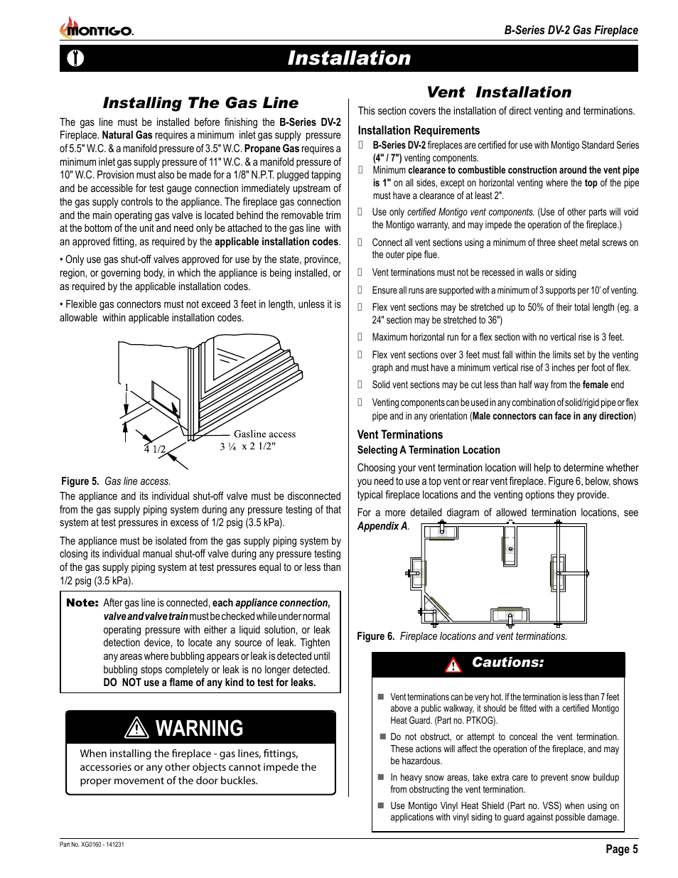 Warning, Installation, Installing the gas line | Vent installation, Cautions | Montigo B34DV User Manual | Page 5 / 26