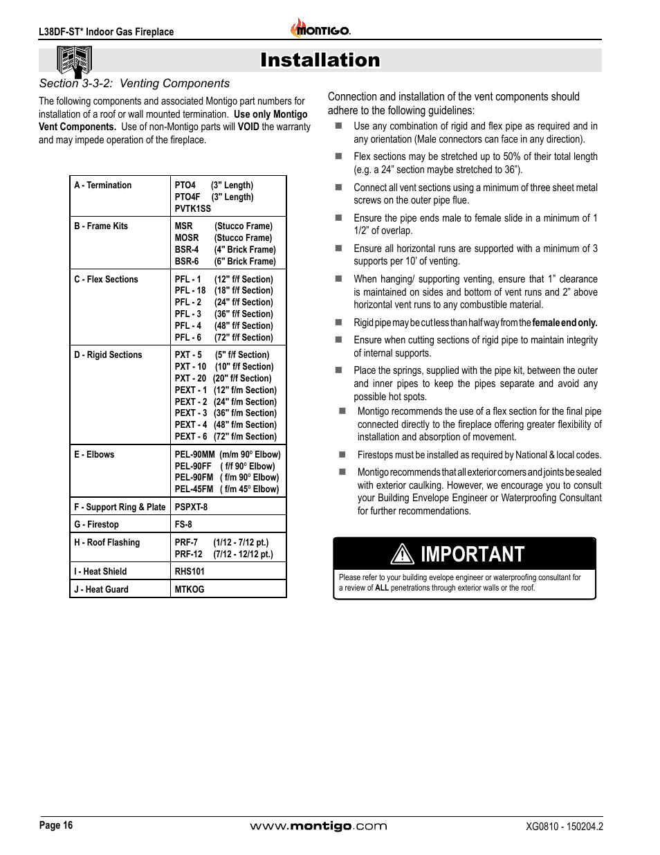 Section 3-3-2: venting components, Important, Installation | Montigo L38DF-ST User Manual | Page 16 / 34