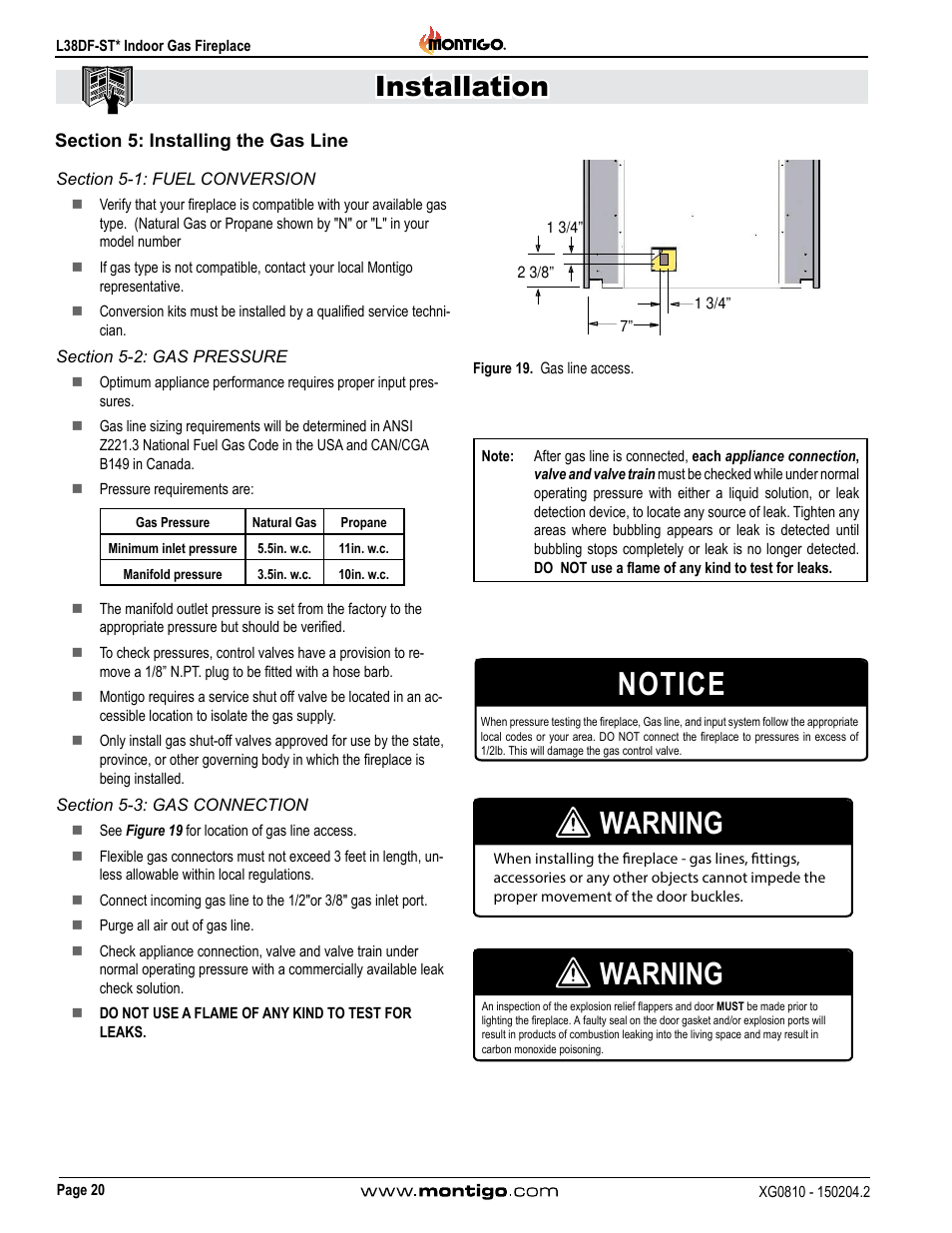 Section 5: installing the gas line, Section 5-1: fuel conversion, Section 5-2: gas pressure | Section 5-3: gas connection, Notice, Warning, Installation | Montigo L38DF-ST User Manual | Page 20 / 34