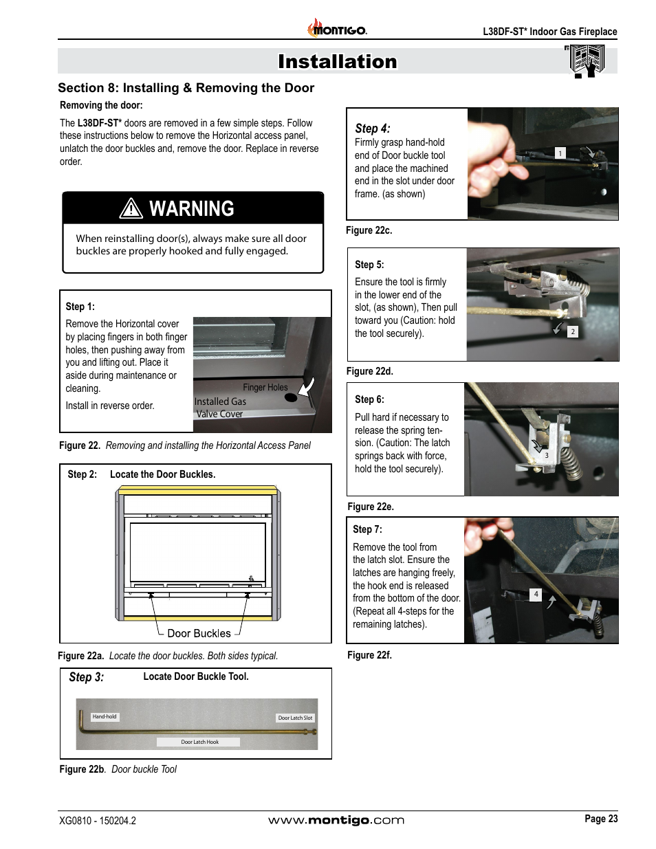 Section 8: installing & removing the door, Warning, Installation | Montigo L38DF-ST User Manual | Page 23 / 34