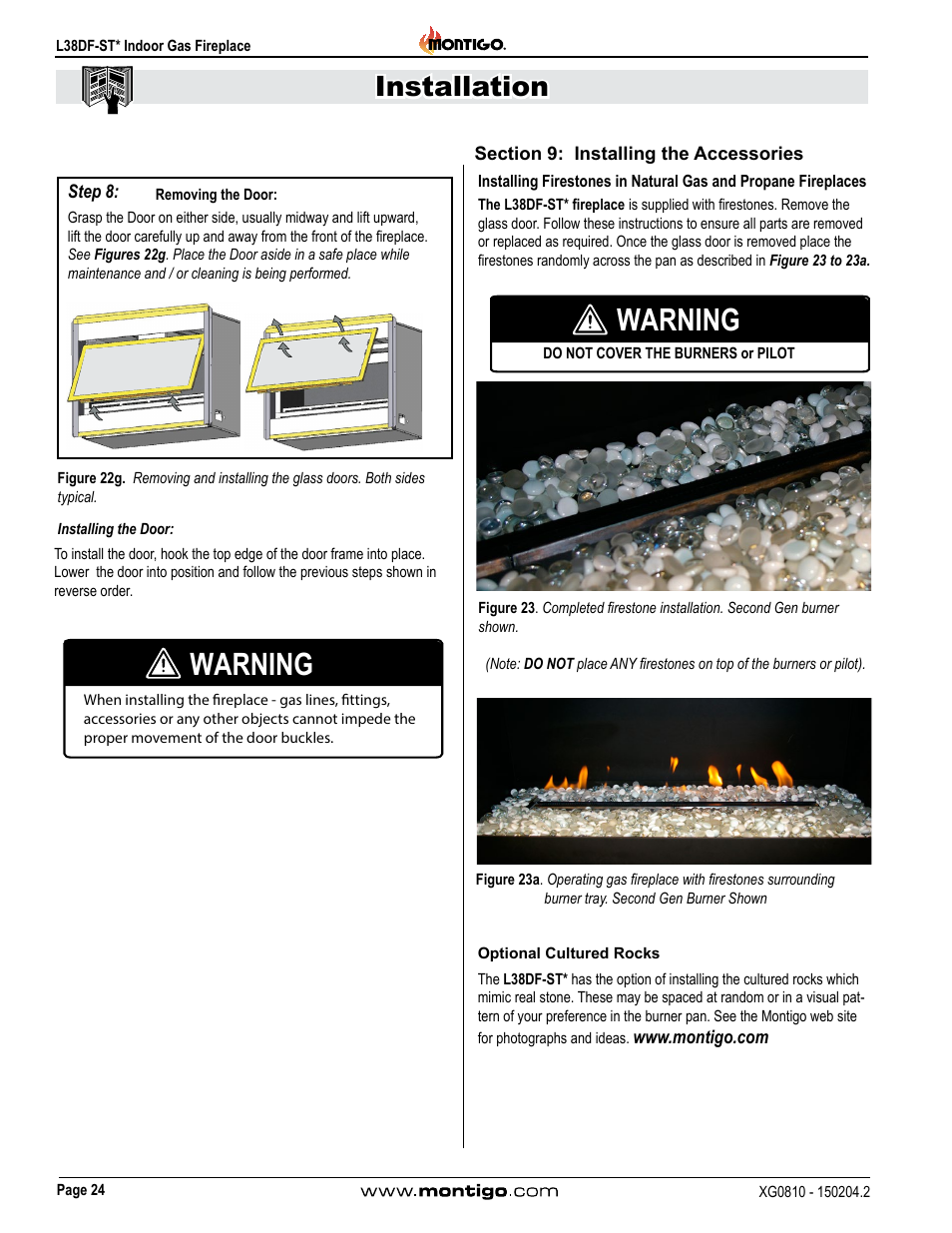 Section 9: installing the accessories, Warning, Installation | Montigo L38DF-ST User Manual | Page 24 / 34